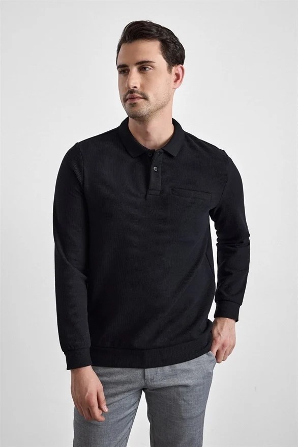 Süvari Koyu Kahve Regular Düz Baskısız Selanik Düğmeli Polo Yaka Torba Cep Trikolu Sweatshirt görsel 2