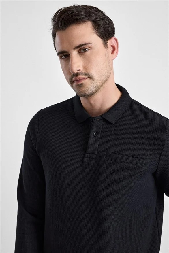 Süvari Koyu Kahve Regular Düz Baskısız Selanik Düğmeli Polo Yaka Torba Cep Trikolu Sweatshirt görsel 3