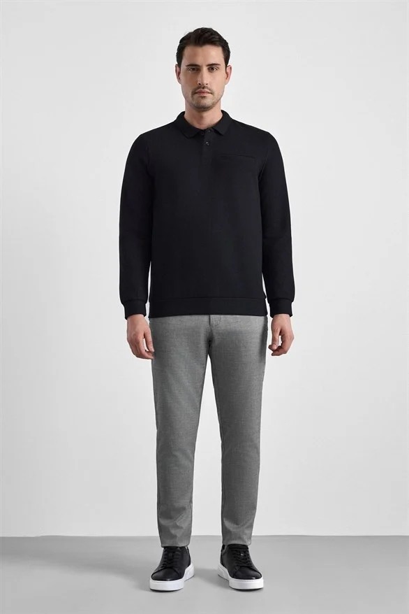 Süvari Koyu Kahve Regular Düz Baskısız Selanik Düğmeli Polo Yaka Torba Cep Trikolu Sweatshirt görsel 5