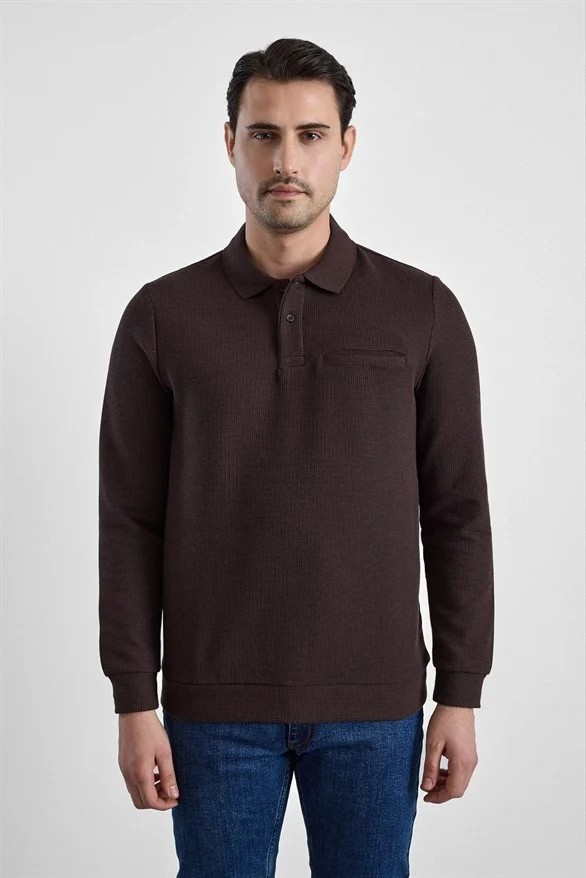 Süvari Koyu Kahve Regular Düz Baskısız Selanik Düğmeli Polo Yaka Torba Cep Trikolu Sweatshirt