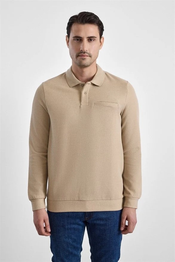 Süvari Koyu Kahve Regular Düz Baskısız Selanik Düğmeli Polo Yaka Torba Cep Trikolu Sweatshirt