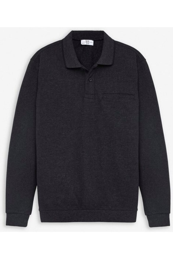Süvari Koyu Kahve Regular Düz Baskısız Selanik Düğmeli Polo Yaka Torba Cep Trikolu Sweatshirt görsel 7