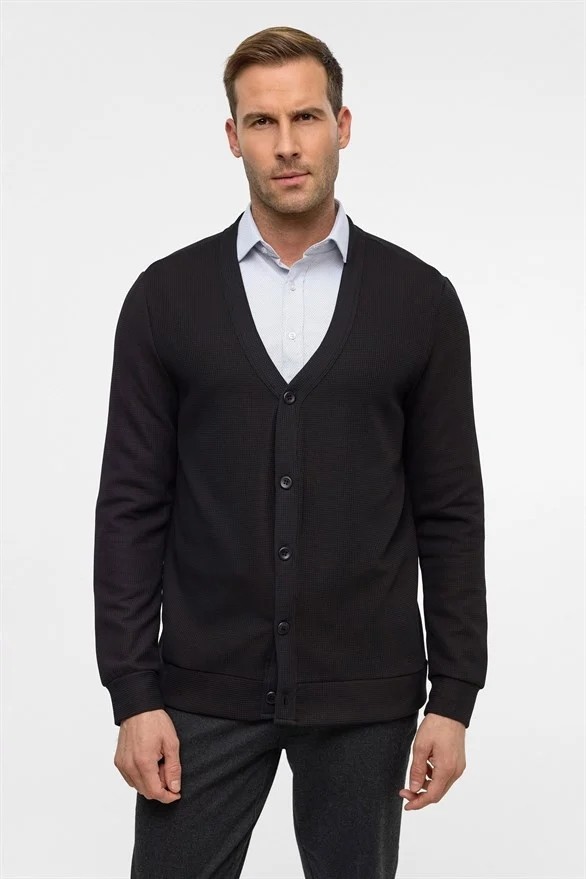Süvari Siyah Regular Düz V Yaka Sweatshirt