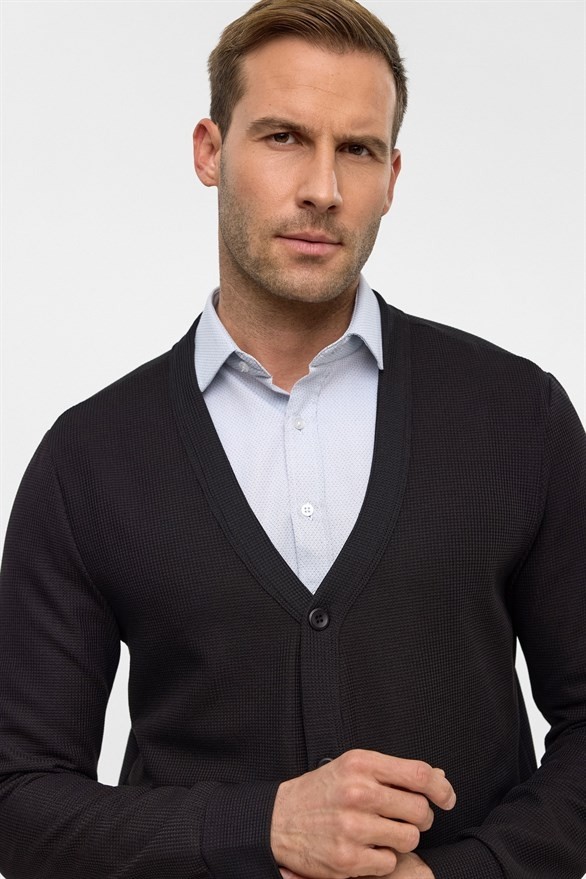 Süvari Siyah Regular Düz V Yaka Sweatshirt görsel 4