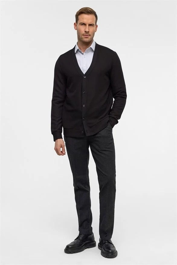 Süvari Siyah Regular Düz V Yaka Sweatshirt görsel 5