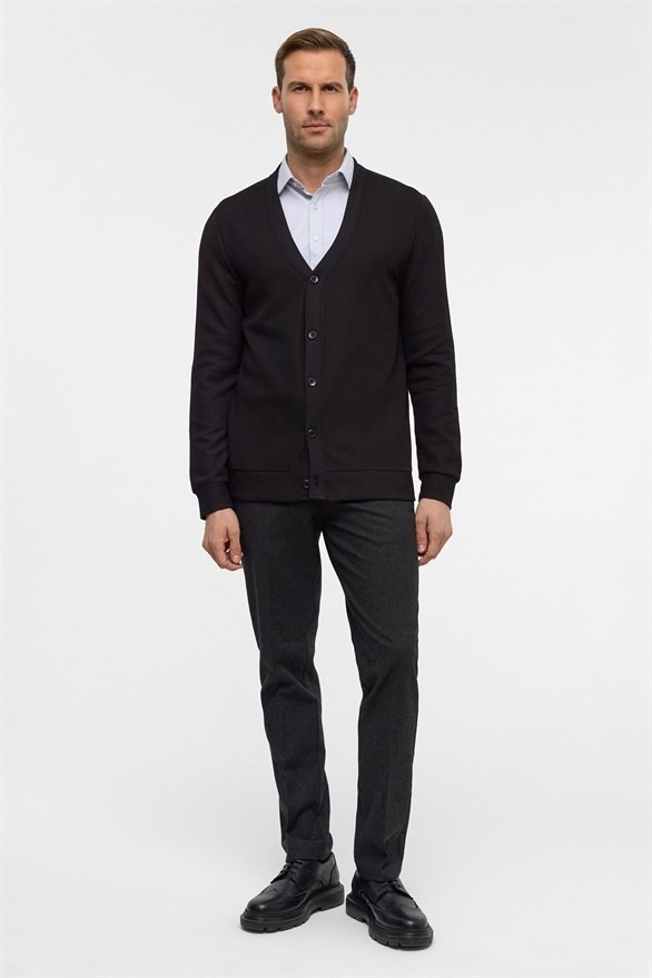 Süvari Siyah Regular Düz V Yaka Sweatshirt görsel 6