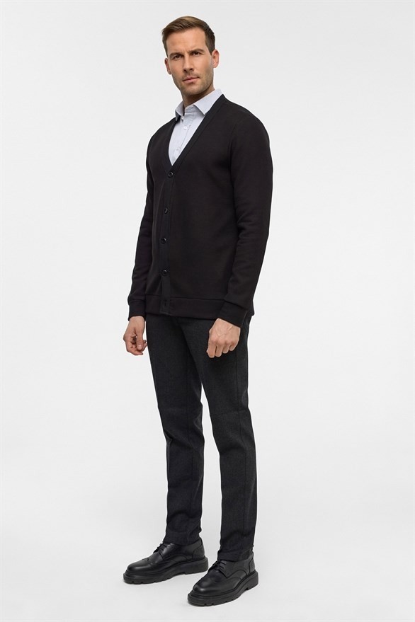 Süvari Siyah Regular Düz V Yaka Sweatshirt görsel 7