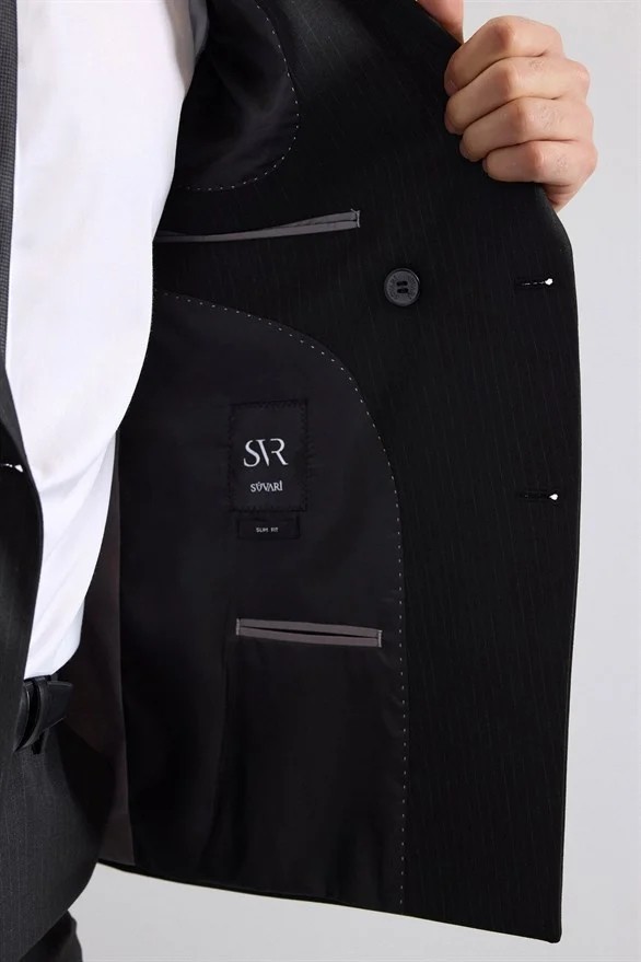 Süvari Siyah Slim Kruvaze Yaka 6 Drop Takım Elbise görsel 6