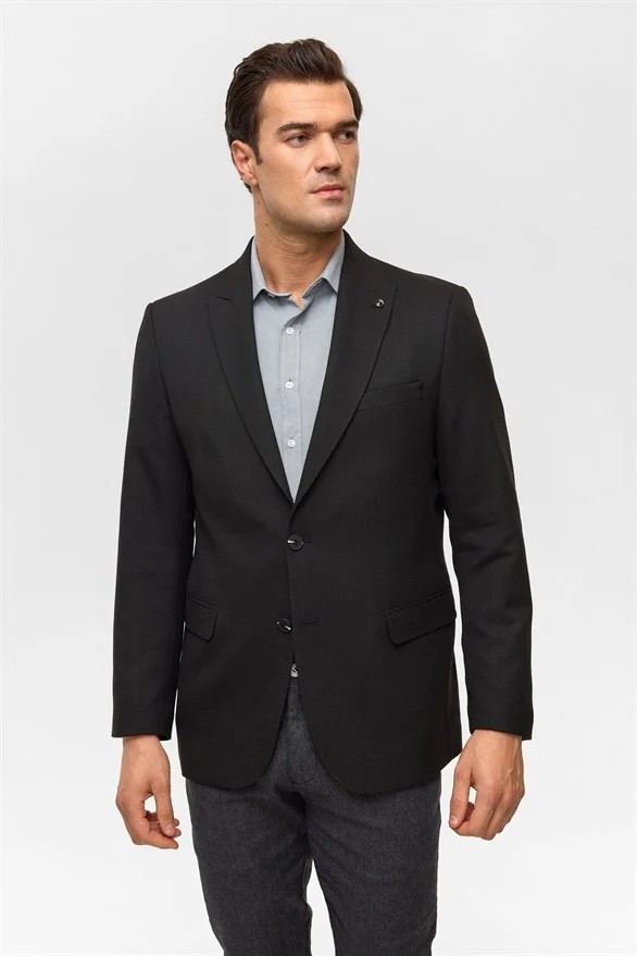 Süvari Siyah Regular Mono Yaka Torba Cep 6 Drop Klasik Ceket
