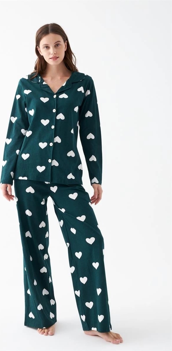 mery Kadın Zümrüt Yeşili Kalp Desenli Düğmeli Pamuklu Pijama Takımı Mery görsel 4