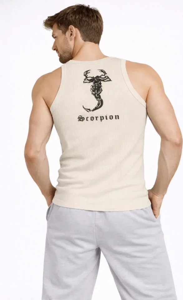 Demir Grup cc Erkek Fitilli Atlet Sıfır Yaka Slim Fit Arka Baskılı Spor Atlet - Krem