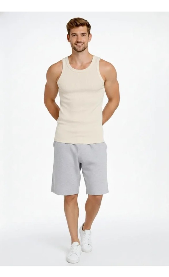 Demir Grup cc Erkek Fitilli Atlet Sıfır Yaka Slim Fit Arka Baskılı Spor Atlet - Krem görsel 3