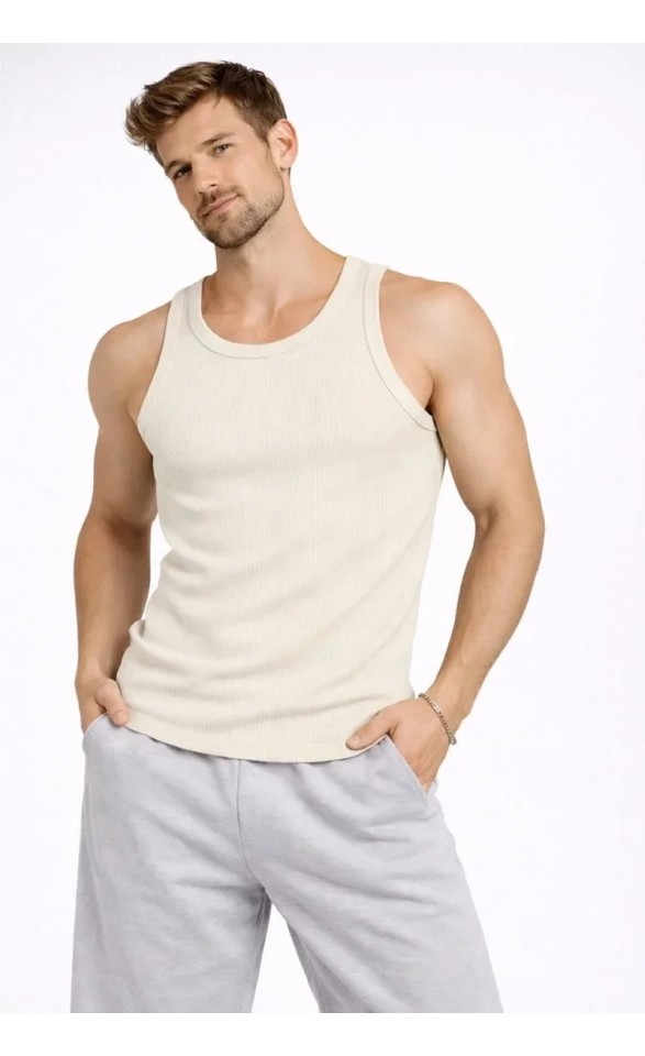 Demir Grup cc Erkek Fitilli Atlet Sıfır Yaka Slim Fit Arka Baskılı Spor Atlet - Krem görsel 4