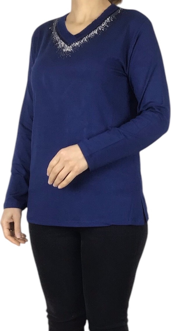 Ece Giyim Kadın Yaka ve Kolağzı Taşlı Likralı Penye Bluz görsel 2
