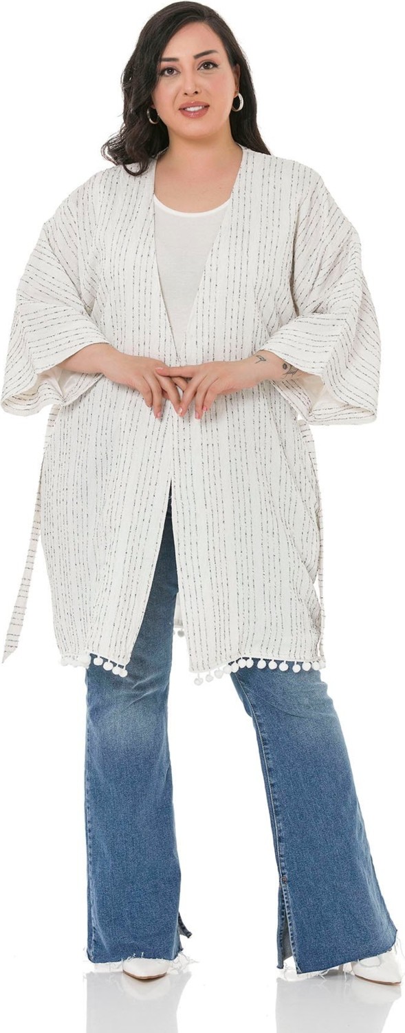 Disentis Modest Büyük Beden Yarasa Kollu Eteği Ponponlu Kuşaklı Cepli Astarlı Beyaz Üzerine Kırmızı Çizgili Kimono görsel 6