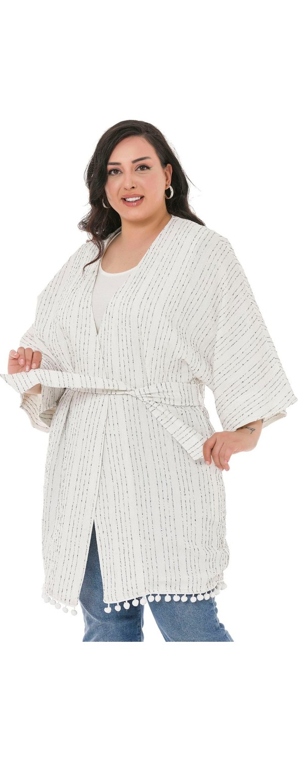 Disentis Modest Büyük Beden Yarasa Kollu Eteği Ponponlu Kuşaklı Cepli Astarlı Beyaz Üzerine Kırmızı Çizgili Kimono görsel 7