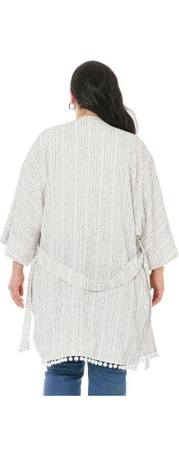 Disentis Modest Büyük Beden Yarasa Kollu Eteği Ponponlu Kuşaklı Cepli Astarlı Beyaz Üzerine Kırmızı Çizgili Kimono görsel 8