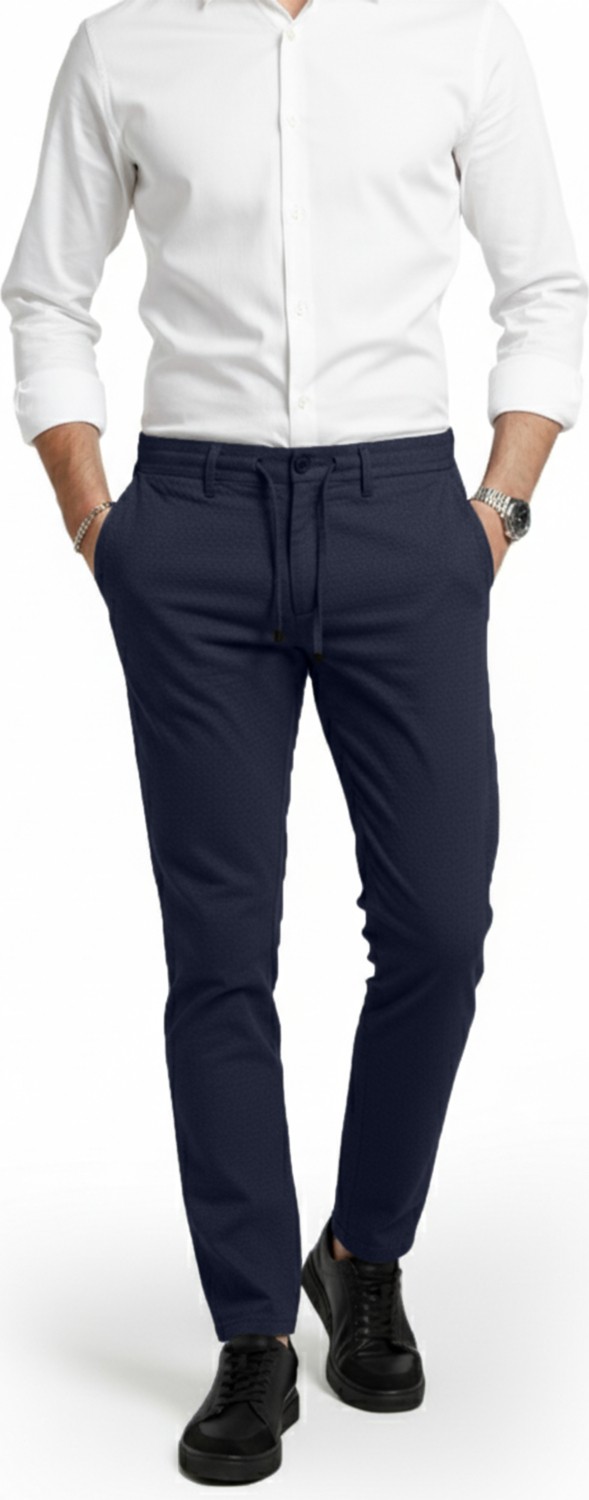 Deepsea Erkek Lacivert Likralı Gofre Kumaş Beli Lastikli Ipli Slim Fit Günlük Pantolon 2600650