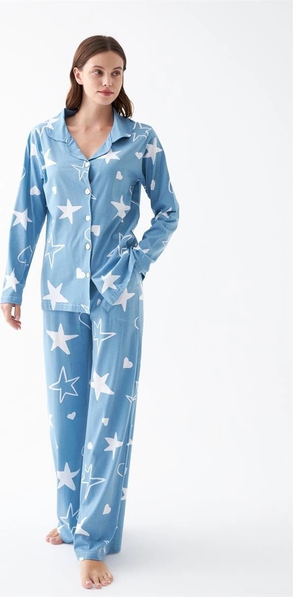 mery Kadın Mavi Yıldız Desenli Düğmeli Pamuklu Pijama Takımı Mery görsel 2