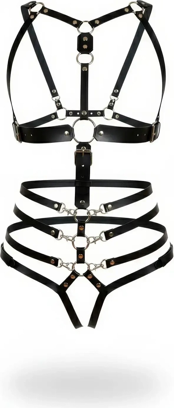 MTM My The Mall Giyim Siyah Body Harness Tam Vücut Deri Metal Halka Detaylı - BRF1064