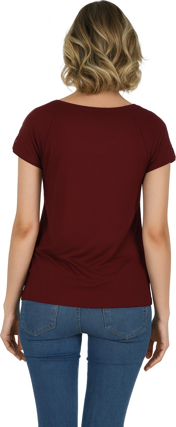 Özkan Underwear Özkan 25465 Kadın Bordo Vorteks Viskon Premium Kumaş Likralı Omzu Dantel Detaylı Örme Bluz görsel 2