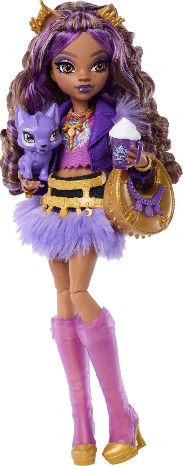 Aesco Monster High Mor Motosiklet Ceketi ve Tüylü Etek Giyen Monster High Clawdeen Wolf Bebek, Kurt Crescent ve Kitap, Kruvasan ve Çanta Gibi 7 Aksesuar, JHK30 görsel 4