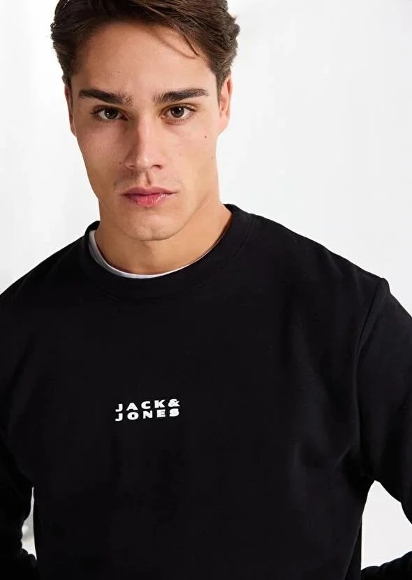 Jack & Jones Erkek Siyah Uzun Kollu Sweatshirt Regular Fit Cepsiz Minimal Tasarım görsel 3