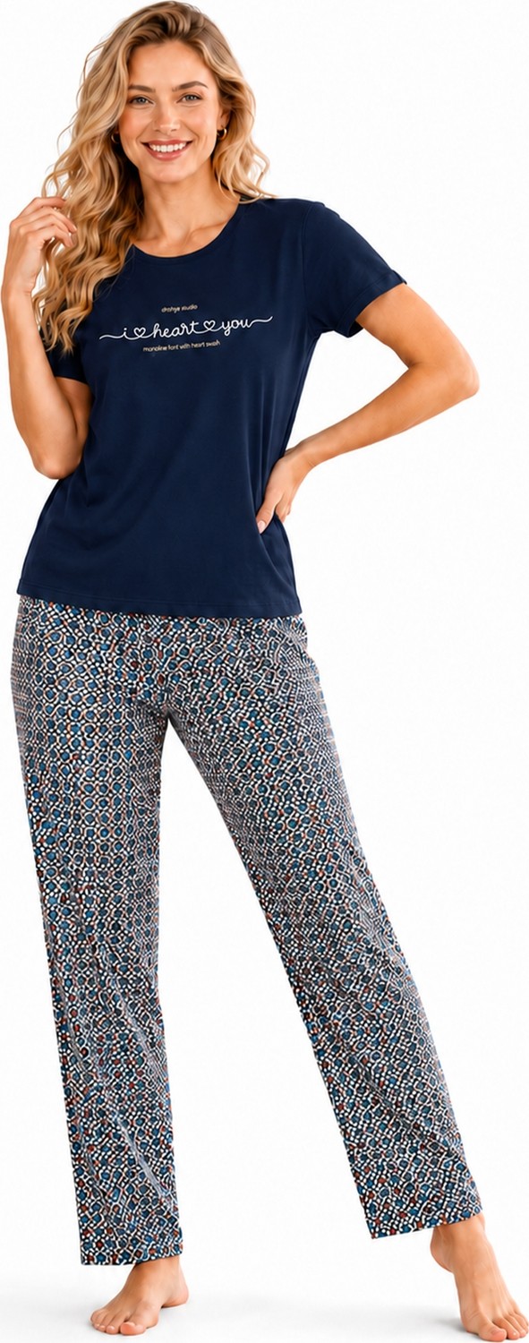 Özkan Underwear Özkan 1000-22-26 Kadın Pamuklu Likralı Önü Baskılı Karışık Desenli Kısa Kollu Bisiklet Yaka Pijama Takımı