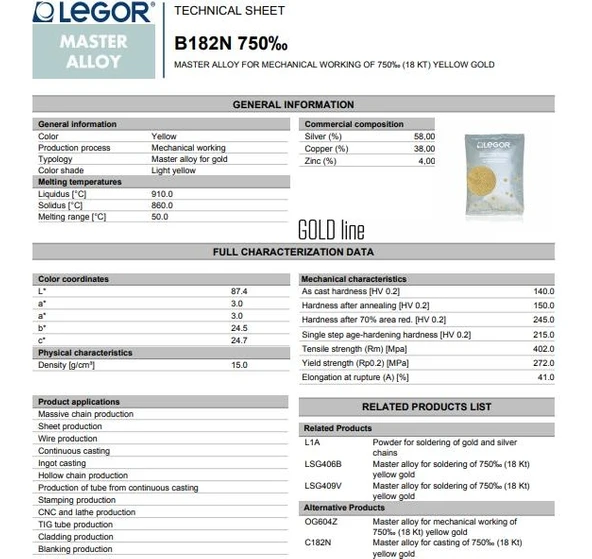 Resim Legor B182N 18K Altın Döküm Işleme Alaşımı 200 Gram 