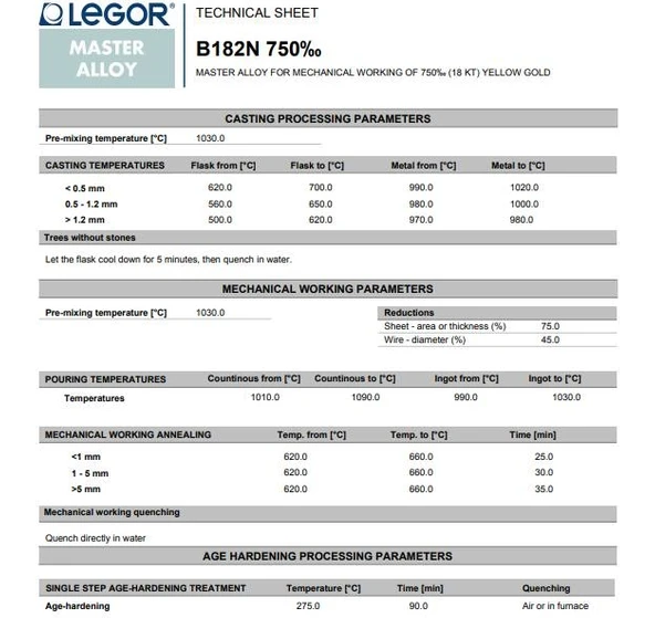 Resim Legor B182N 18K Altın Döküm Işleme Alaşımı 200 Gram 
