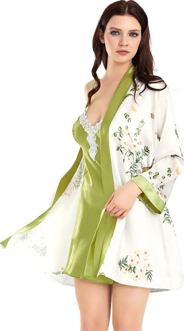 Ang Butik Özel Tasarım Saten Emprime Çiçek Baskılı Ikili Kısa Sabahlık Gecelik Takımı görsel 3