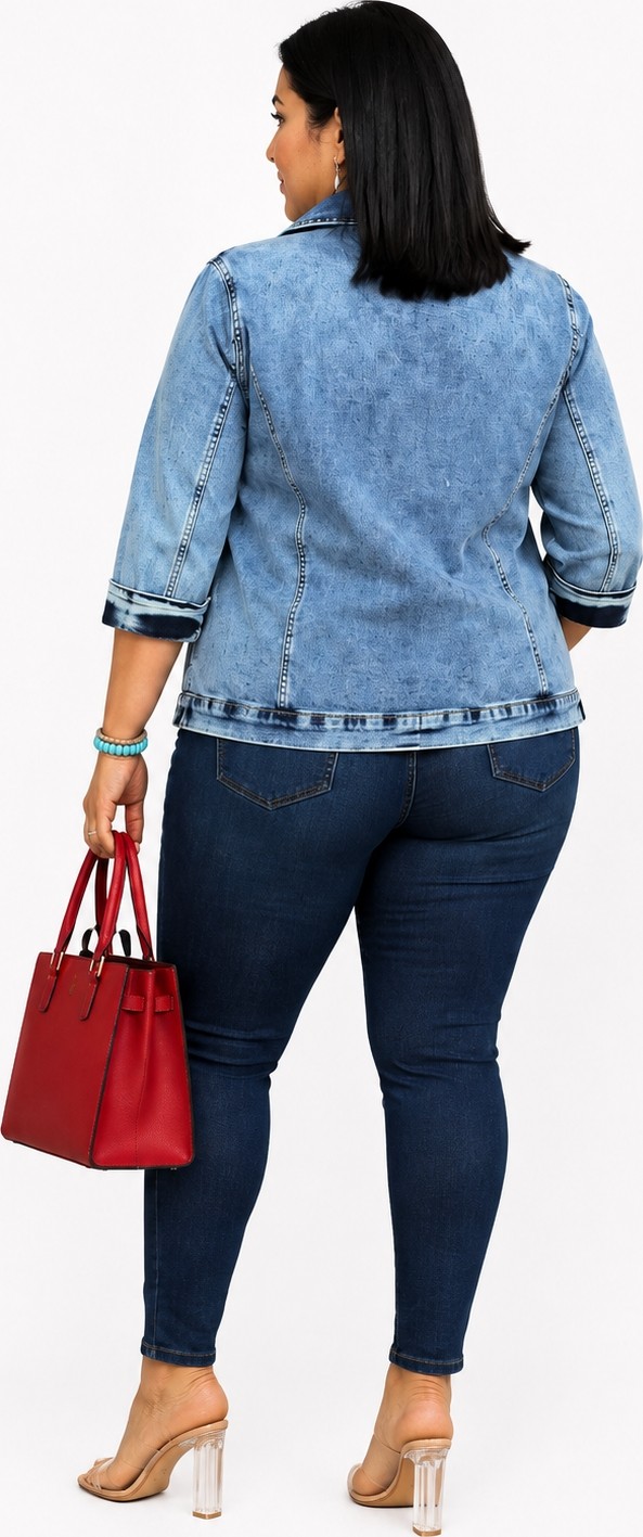 Trieste Wear Büyük Beden Fermuarlı Lale Desenli Yıkamalı Denim Kapri Kol Kadın Ceket görsel 8