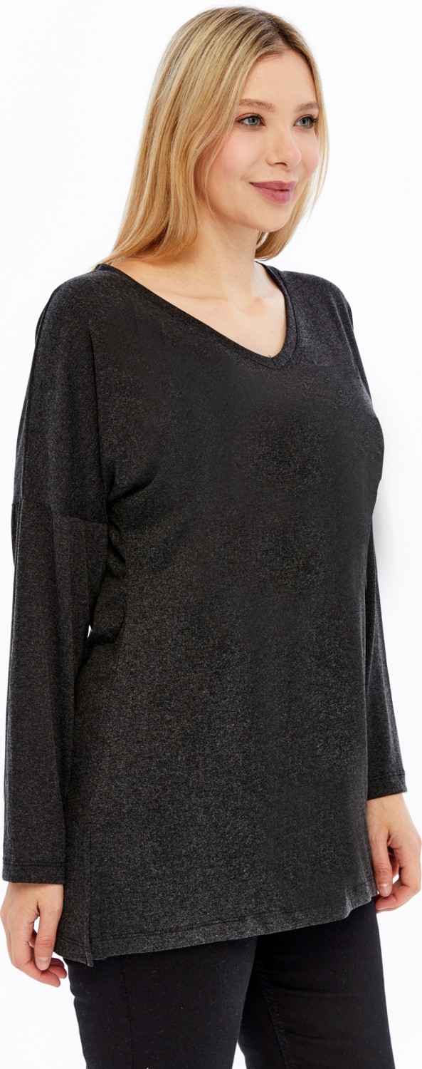 Curvy Trend Büyük Beden V Yaka Uzun Kol Yırtmaçlı Kırçıllı Viskon Kumaş Bluz görsel 5