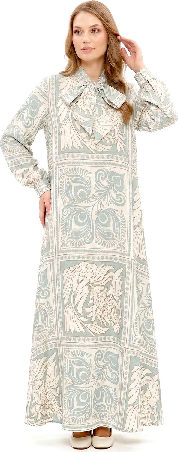 Lale Butik Yakası Bağlama Detay Etnik Desen Elbise 330347 Mint görsel 4