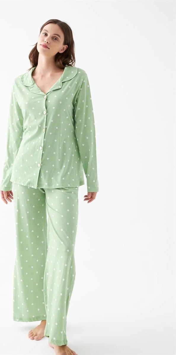 mery Kadın Yeşil Kalp Desenli Düğmeli Pamuklu Pijama Takımı Mery görsel 2
