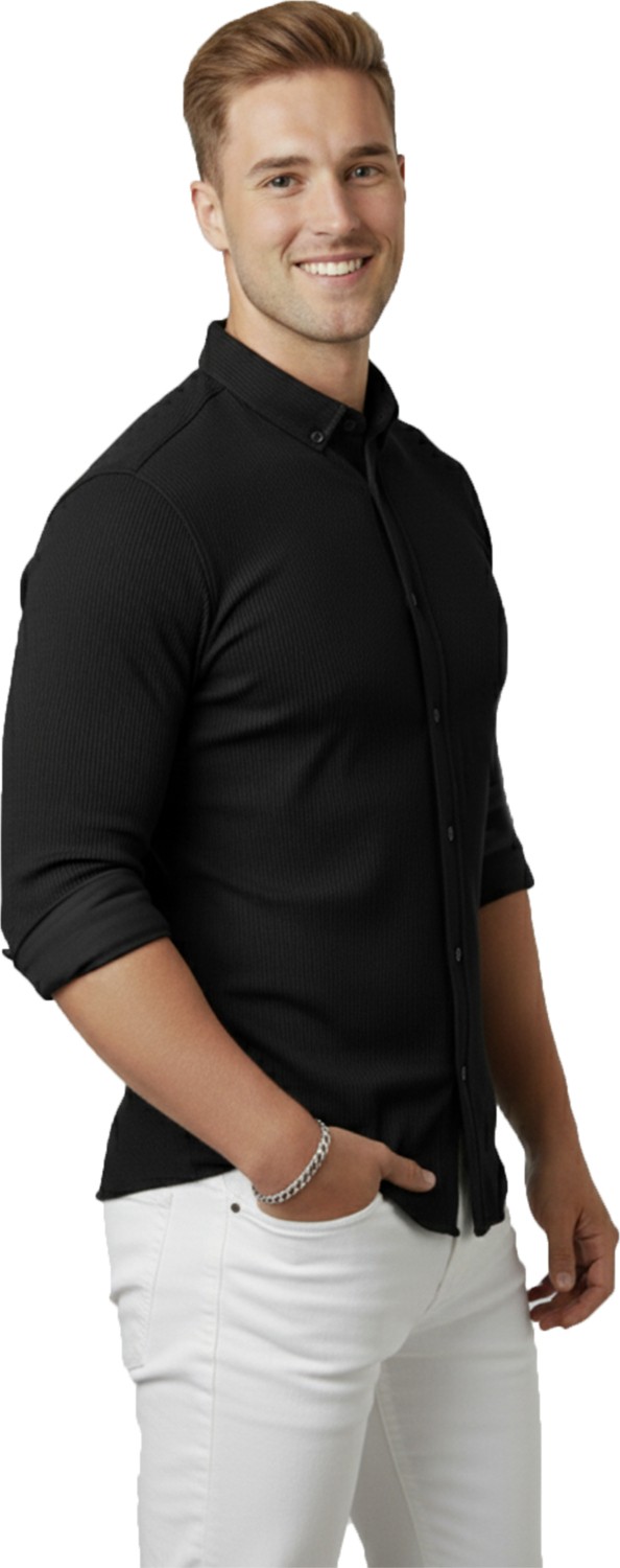 Deepsea Erkek Siyah Likralı Kumaşı Fitilli Slim Fit Uzun Kollu Gömlek 2500805 görsel 2