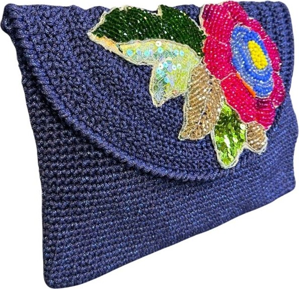 Uretti - Necla 1824 5631 El Yapımı Makrome Ip Çiçek Motifli Boncuk Işleme Detaylı Clutch Çanta / Lacivert görsel 6
