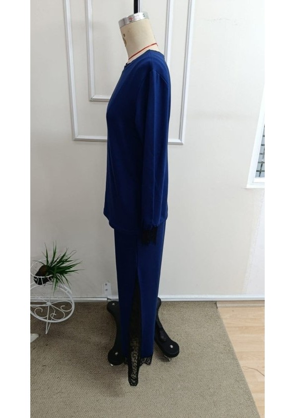Gökyüzü Moda Kadın Uzun Kollu Bisiklet Yakalı Dantel Detaylı Viskon Iki Iplik Bluz ve Pantolon Ikili Takım görsel 6