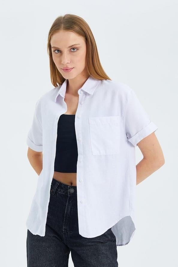 Mixray 3950 Kadın Oxford Kısa Kollu Basic Gömlek Bebe Mavi