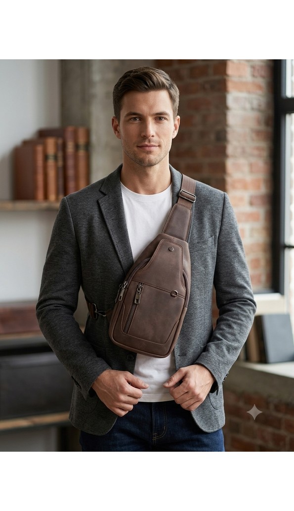 Deribond Hakiki Deri Erkek Çapraz Göğüs Çantası - Çok Bölmeli Body Bag Sling Bag görsel 6