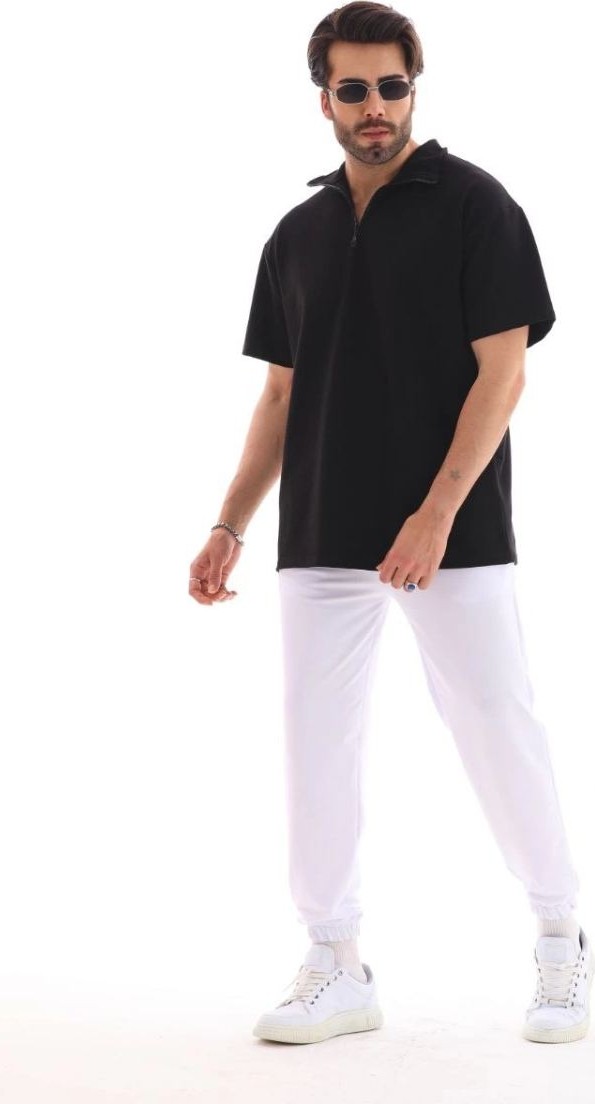 Fantastik Store Erkek Yarım Fermuarlı Düz Oversize T-Shirt - Siyah görsel 2