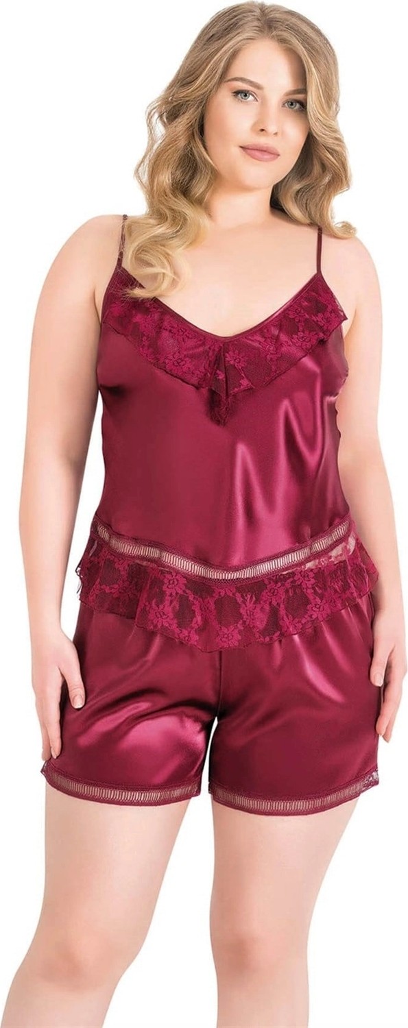 Büyük Beden Saten Babydoll Şortlu Set - Bordo - KLBN14013
