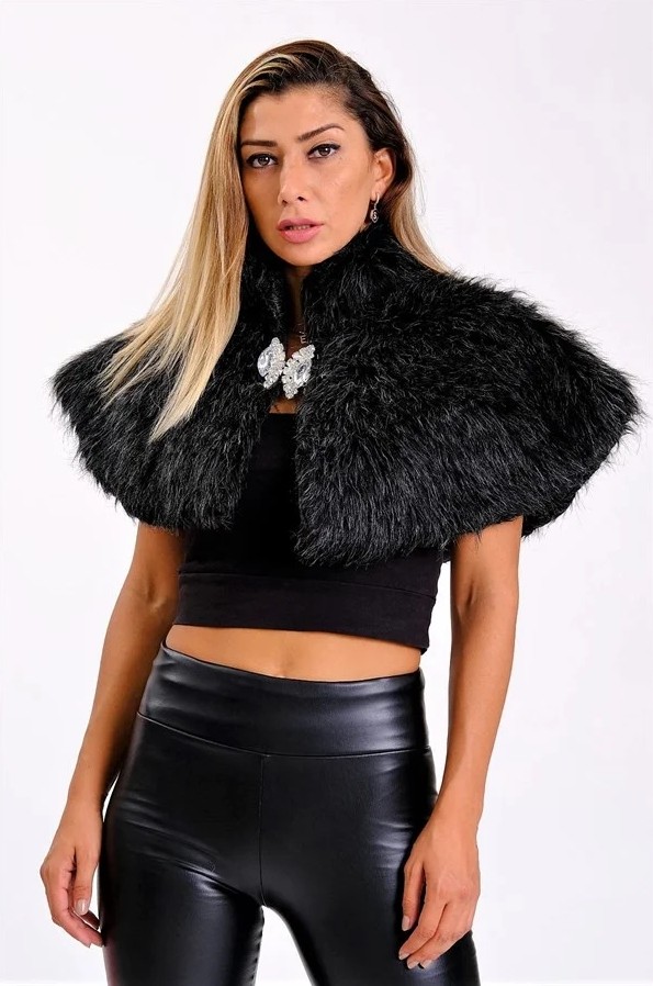 Veraura Lifestyle Siyah Broşlu Kürk Etol Bolero görsel 5