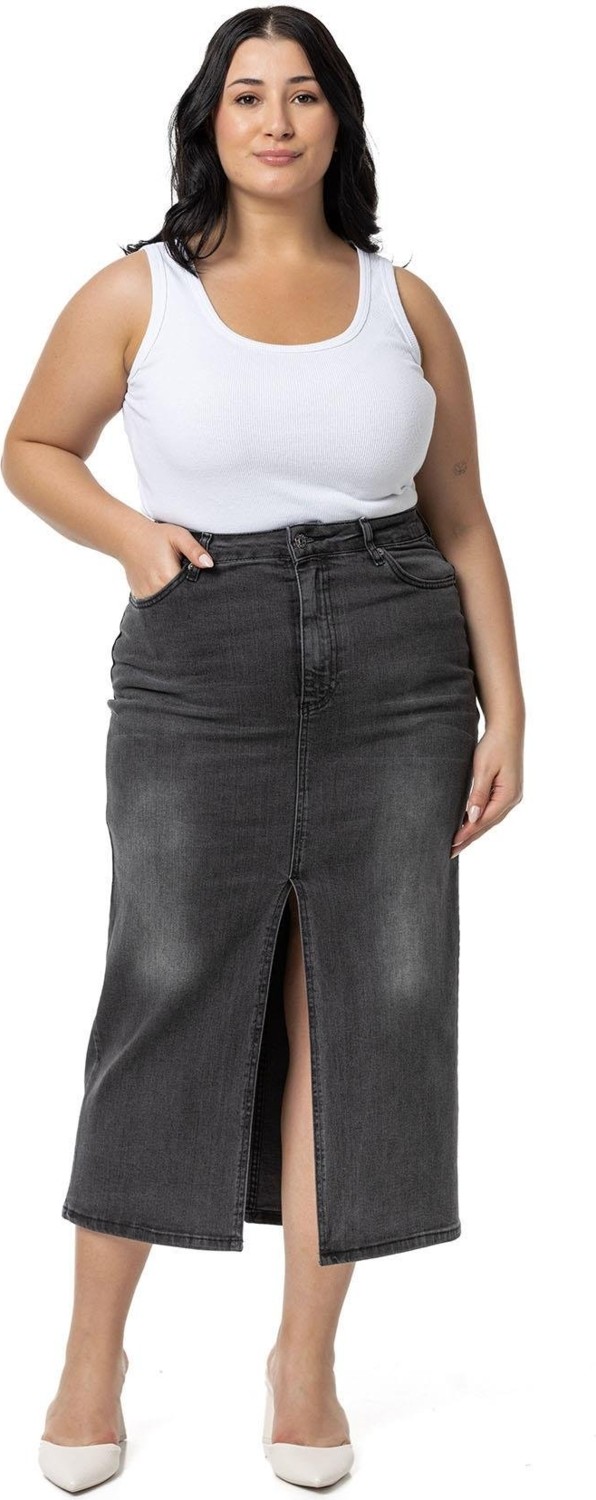 Disentis Modest Büyük Beden Önden Yırtmaç Detaylı Beş Cepli Midi Denim Lacivert Etek