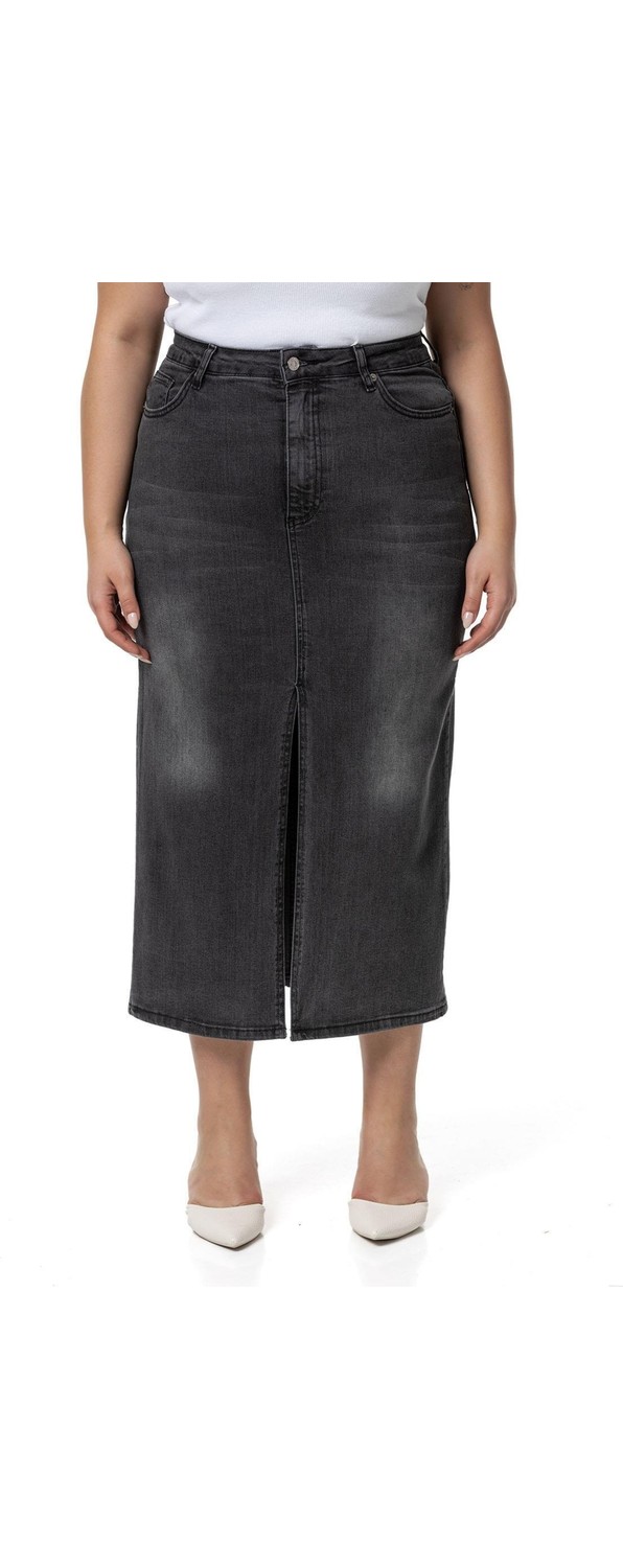 Disentis Modest Büyük Beden Önden Yırtmaç Detaylı Beş Cepli Midi Denim Lacivert Etek görsel 7