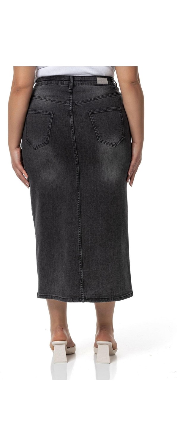Disentis Modest Büyük Beden Önden Yırtmaç Detaylı Beş Cepli Midi Denim Lacivert Etek görsel 8