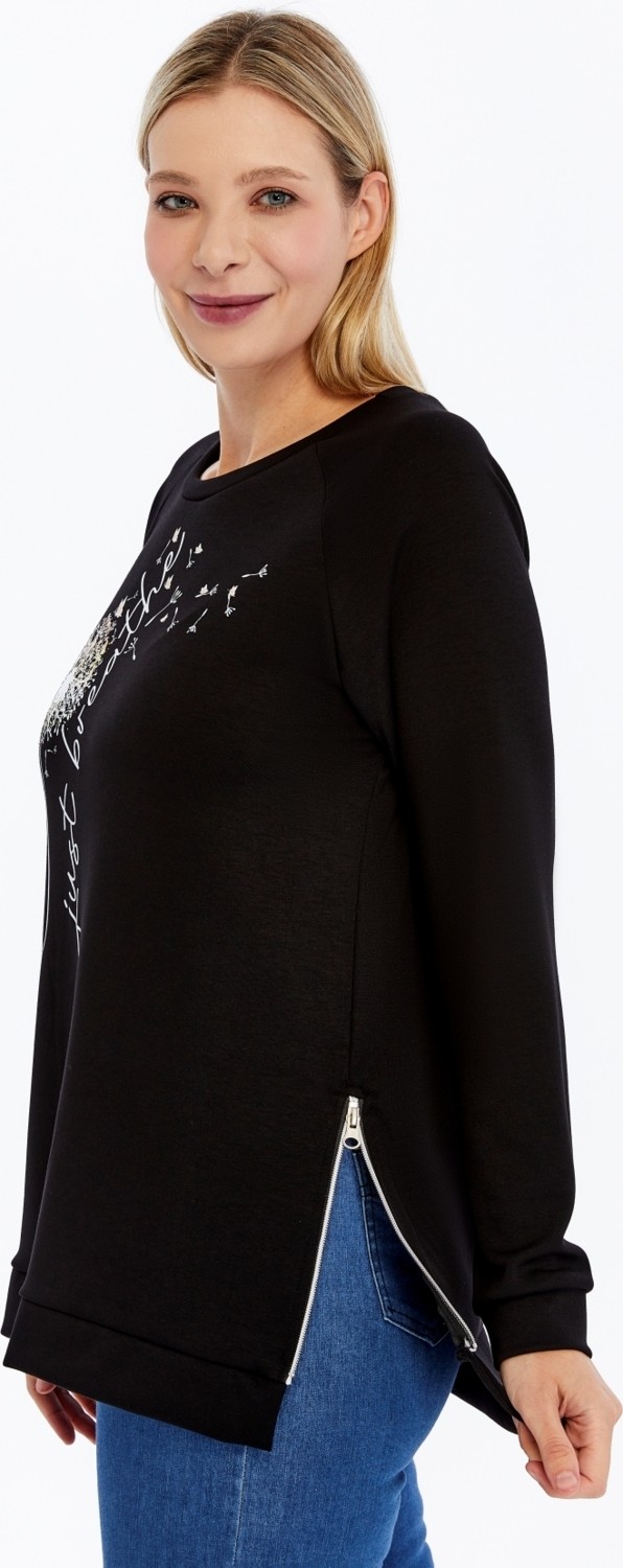 Curvy Trend Büyük Beden Breathe Baskılı Fermur Yırtmaç Detaylı Yumuşak Dökümlü Kumaş Reglan Kol Sweashirt görsel 5