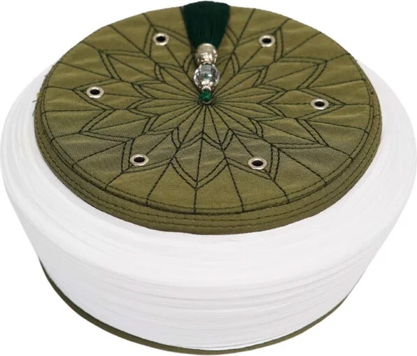 Sarıkhane Çocuk Imam Sarığı - Beyaz Kumaş - Yeşil Takke-Düz Sarım-Kapsüllü-4 Metre