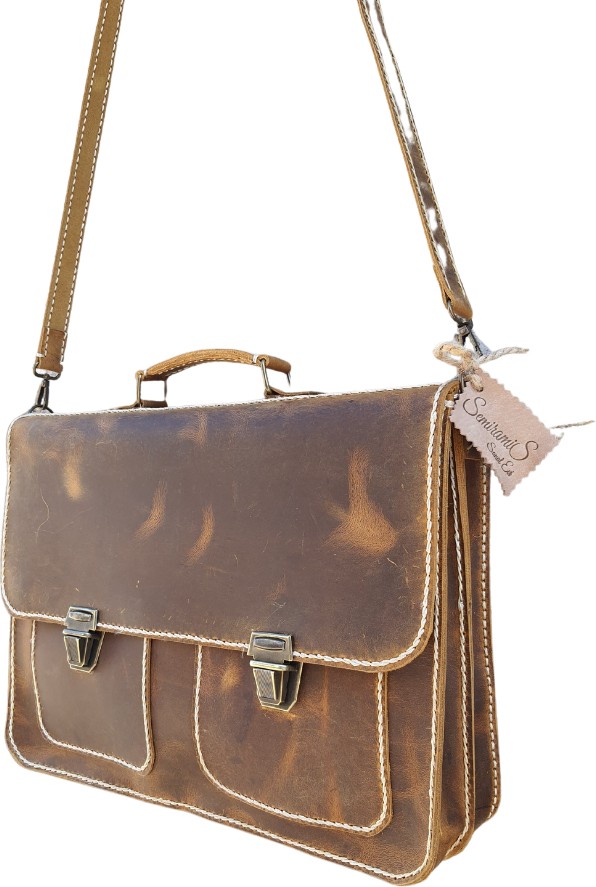 Semiramis Zeus Model Deri El Yapımı Çift Körüklü Evrak Çantası Unisex Taba Vintage Model