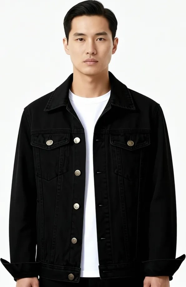 Edwox Erkek Slim Fit Denim Kot Ceket Siyah Gömlek Yaka Cepli Günlük Tarz 2XL görsel 2